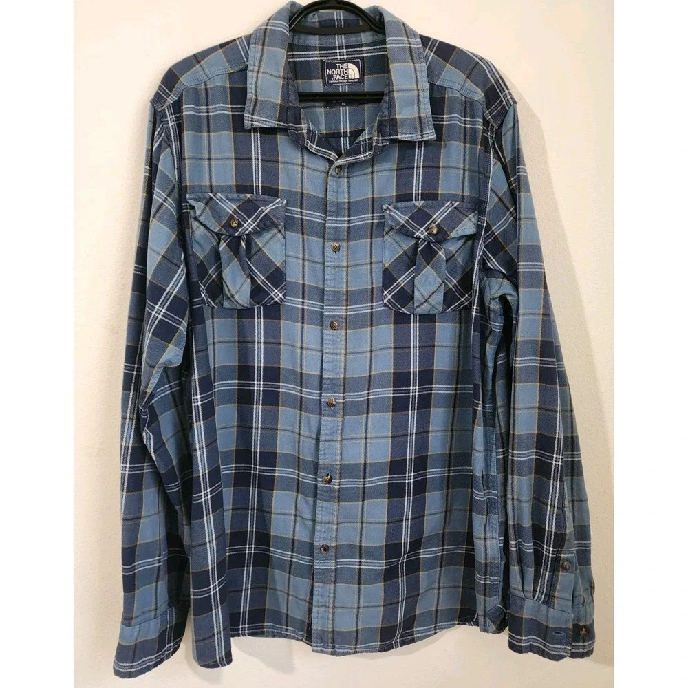 The North Face Flannel Shirt Mens XL‎ Blue Plaid Button Up Cotton Long